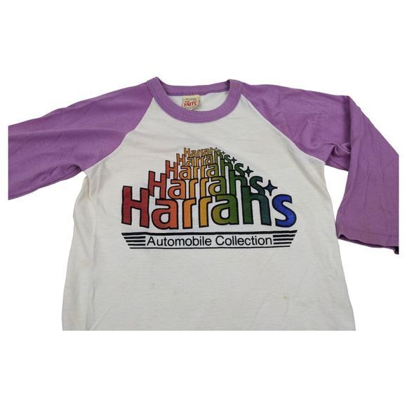 VTG Harrahs Automobile Collection Shirt Girls Medium Baseball Logo‎ 70s Youth - Picture 1 of 10